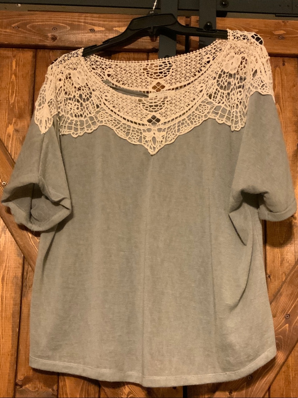 Umgee Short Sleeve Tee with Cream Crochet Yoke - Light Gray